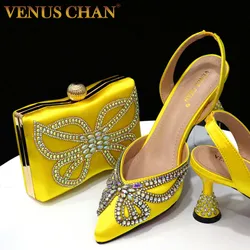 Venus chan 2023 amarelo elegante bowknot apontou toe sapatos femininos de salto alto sandálias elegantes boca rasa sapatos saco conjunto feminino