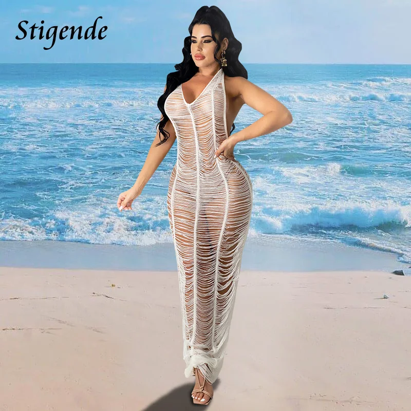 

Stigende Women Summer Knit Cover Up Dress Backless Crochet Long Beach Dress Swimwear Hollow Out See Through Halter Neck Sundress