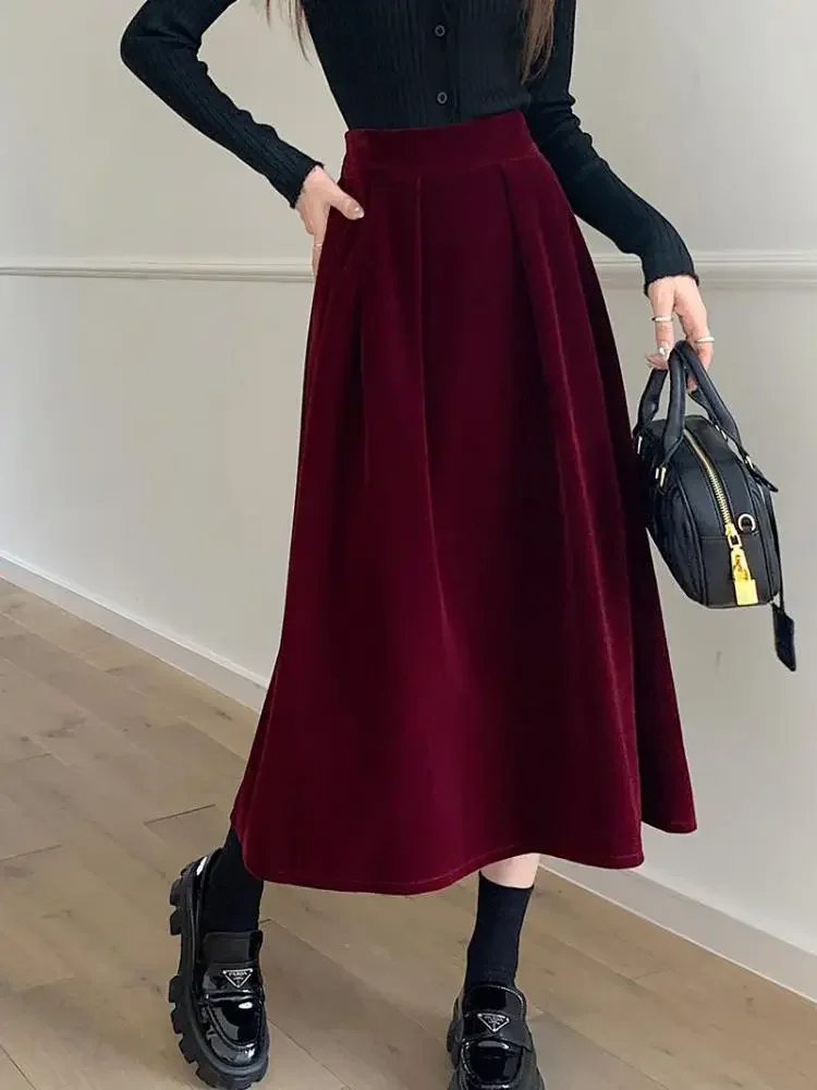 Saia de veludo linha A cintura alta feminina, elegante, vintage, vermelho, preto, festa, plissada, balanço grande, casual, outono, inverno, 2024