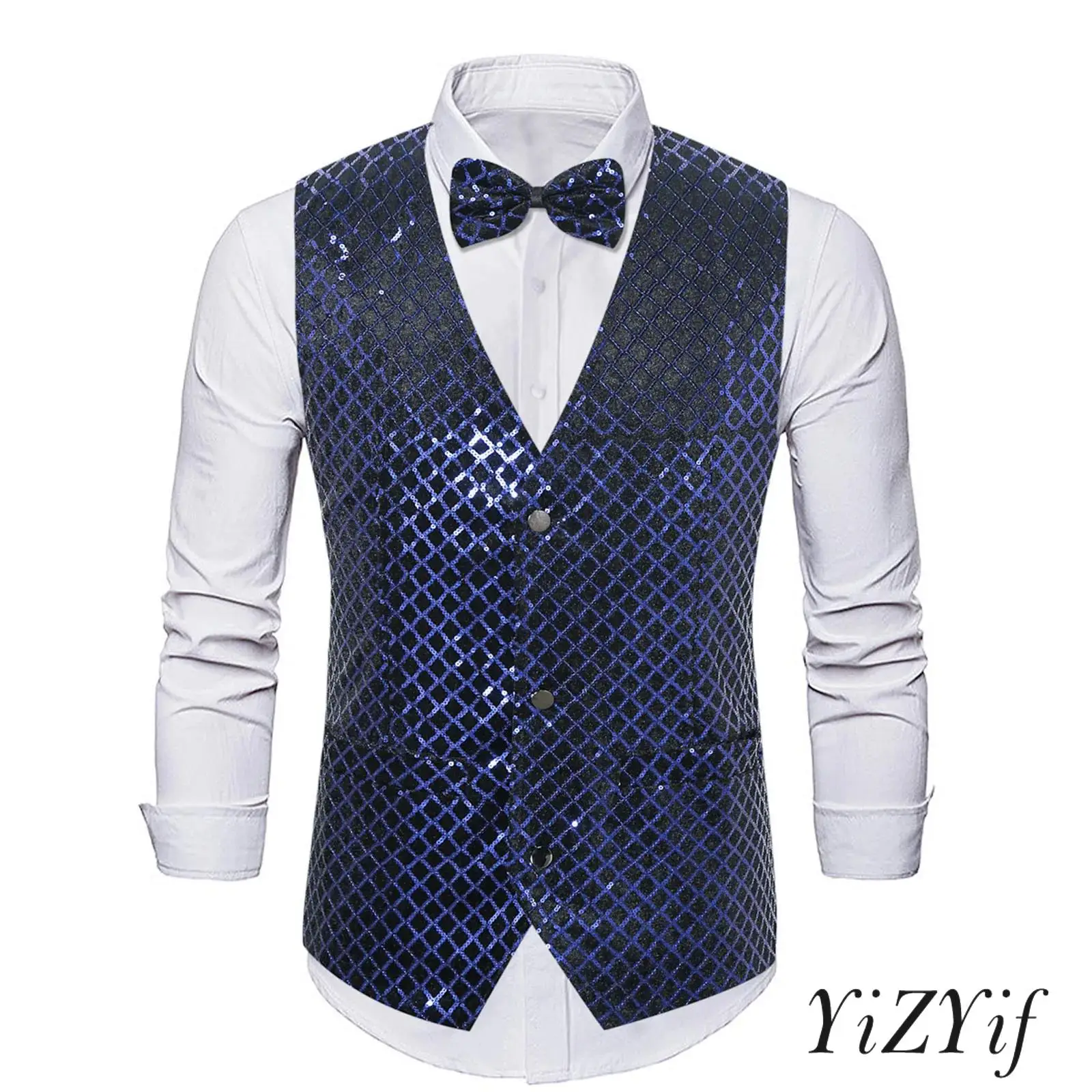

Mens Glitter Sequin Tank Tops with Bow Tie Set Sleeveless Plaid Vest Gentleman for banquets Holiday Parties Proms Waistcoat
