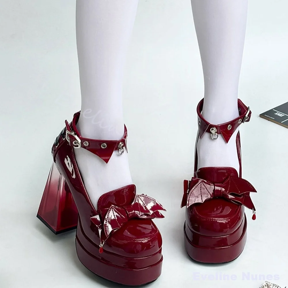 Red Leather Mary Jane Shoes Women Batwing Decoration Skull-shaped Chunky Heels Platform Sandals 2026 New Cool Girl High Heels