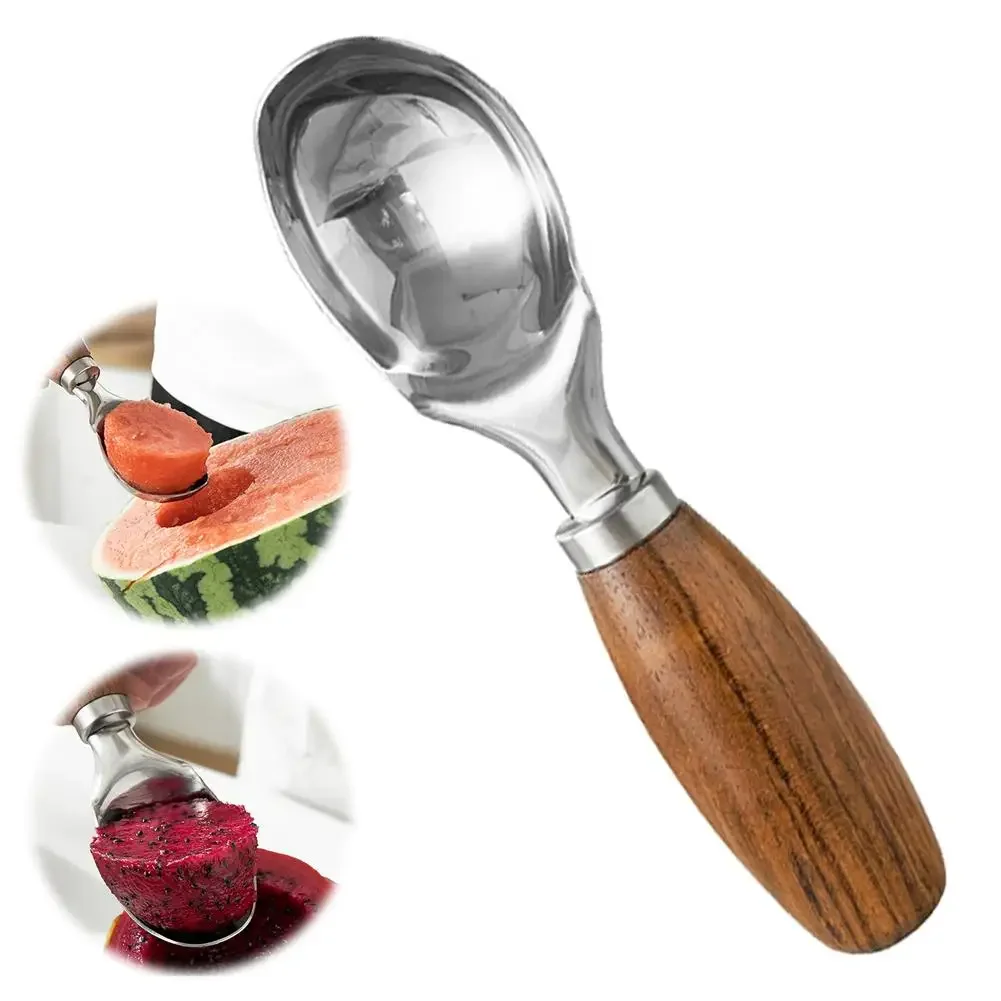 Cuchara con mango de madera de acero inoxidable, cuchara para helado, cuchara para sandía, máquina para hacer bolas de fruta, cuchara para melón, herramienta de cocina, accesorio de comedor