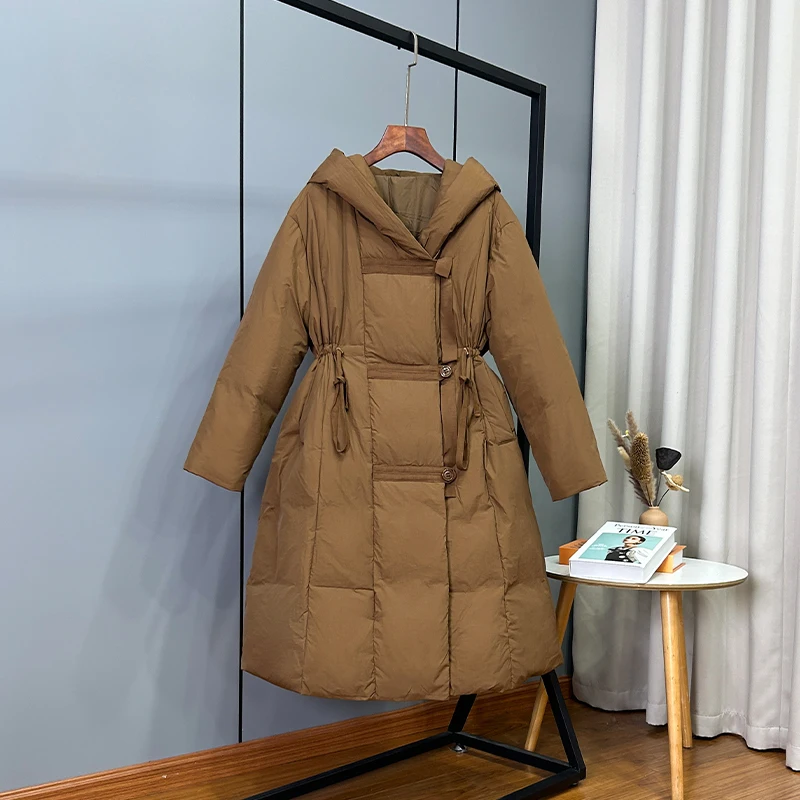 2023 Winter New Large Waist Down Coat for Women Mid Length Windproof Hood Thickened Warm Single Breasted White Duck Down Coat