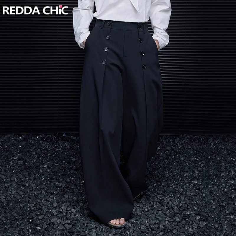 REDDACHiC المرأة زر ديكور البدلة بنطلون مطوي جيوب أمامية واسعة الساق فضفاضة نظيفة تناسب سروال فستان مكتب ارتداء اليومي