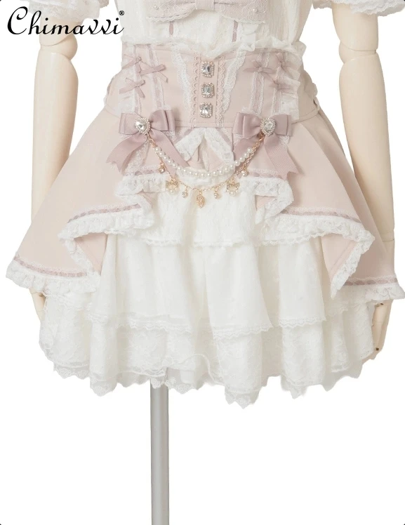

Liz Japanese Mass-Produced Sweet Lace Cake Skirt Heavy Cute Bowknot Rhinestone Chain Girls High Waist Elegant Princess Skirt