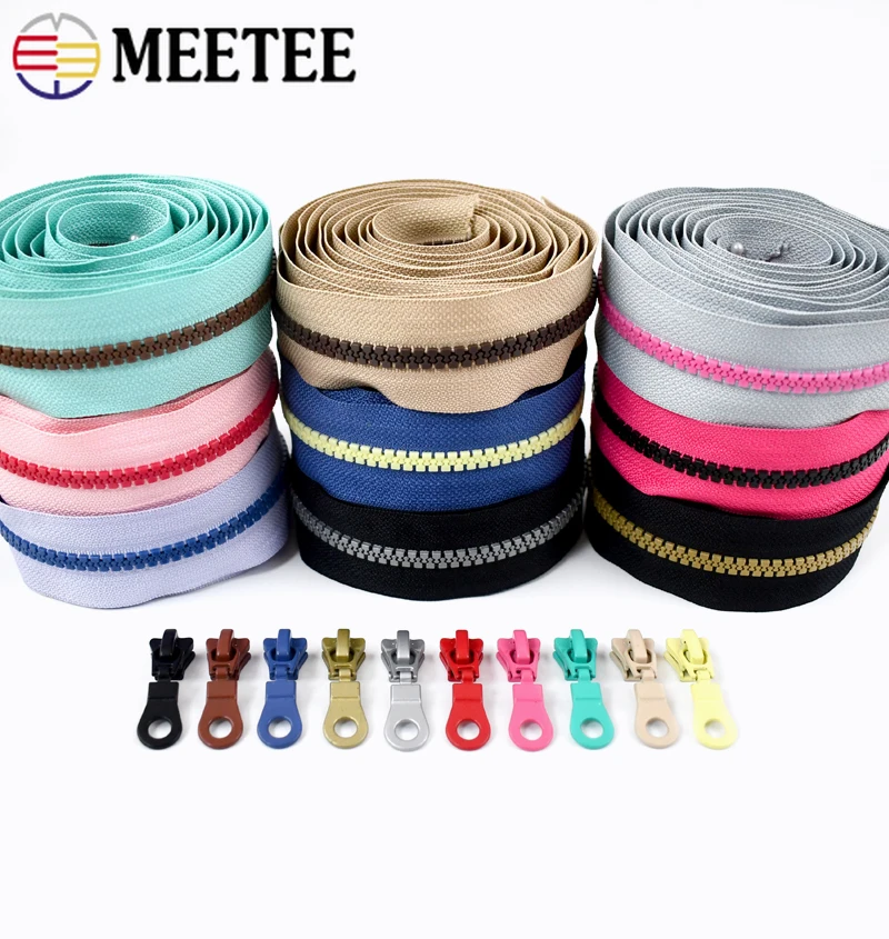 1/2/3/4/5Yards Meetee 5# Resin Zippers Tape with Zipper Slider Down Jacket Zip Puller Decor Cabbage Zips Coil Long Chain Sewing