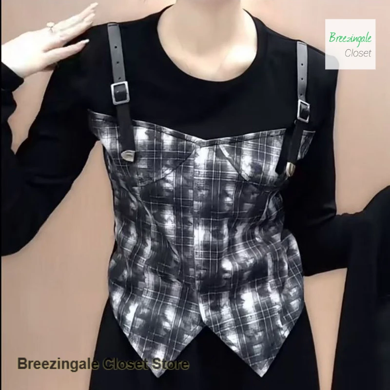 

French contrast stitching fake two-piece plaid vest top women's autumn and winter new temperament unique foreign T-shirt