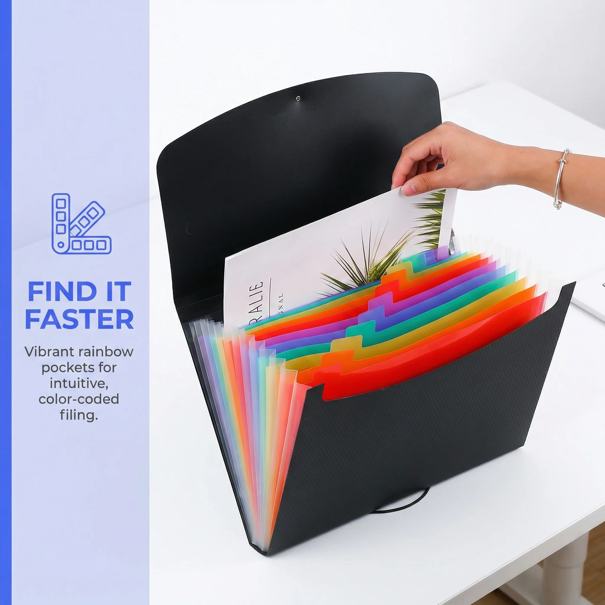 

The textured piano folder with 13 pockets, in rainbow color scheme, suitable for A4 paper, desk organizer, for office use.