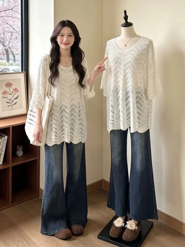 Thin Hollow out Knitted Short Sleeve V-Neck T-Shirt Women's Summer New plus Size Micro Fat MM Mid-Length Loose Fit Top
