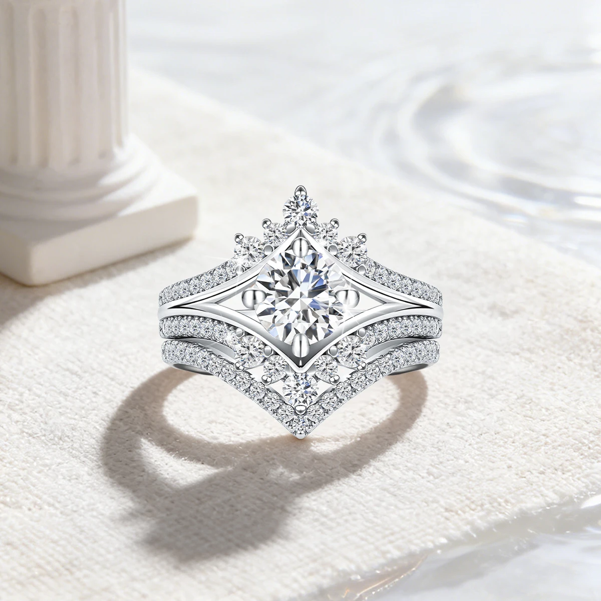 Wunderschönes Moissanit-Hochzeitsring-Set für Damen, V-förmiger Brillant-Zirkonia, Brautschmuck, 925er Silber-Verlobungsringe – Detail 3