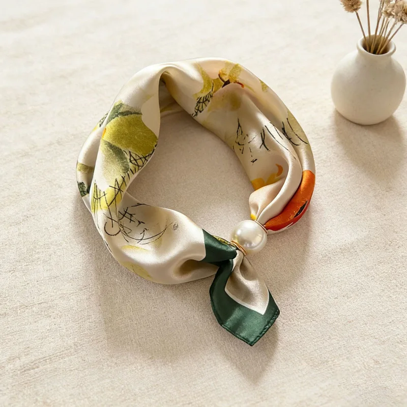 Women's Satin Neck Scarf , Fresh Yellow Green Watercolor Print, Elegant French Neckerchief,Soft Glossy Neck Bandana for Sweater