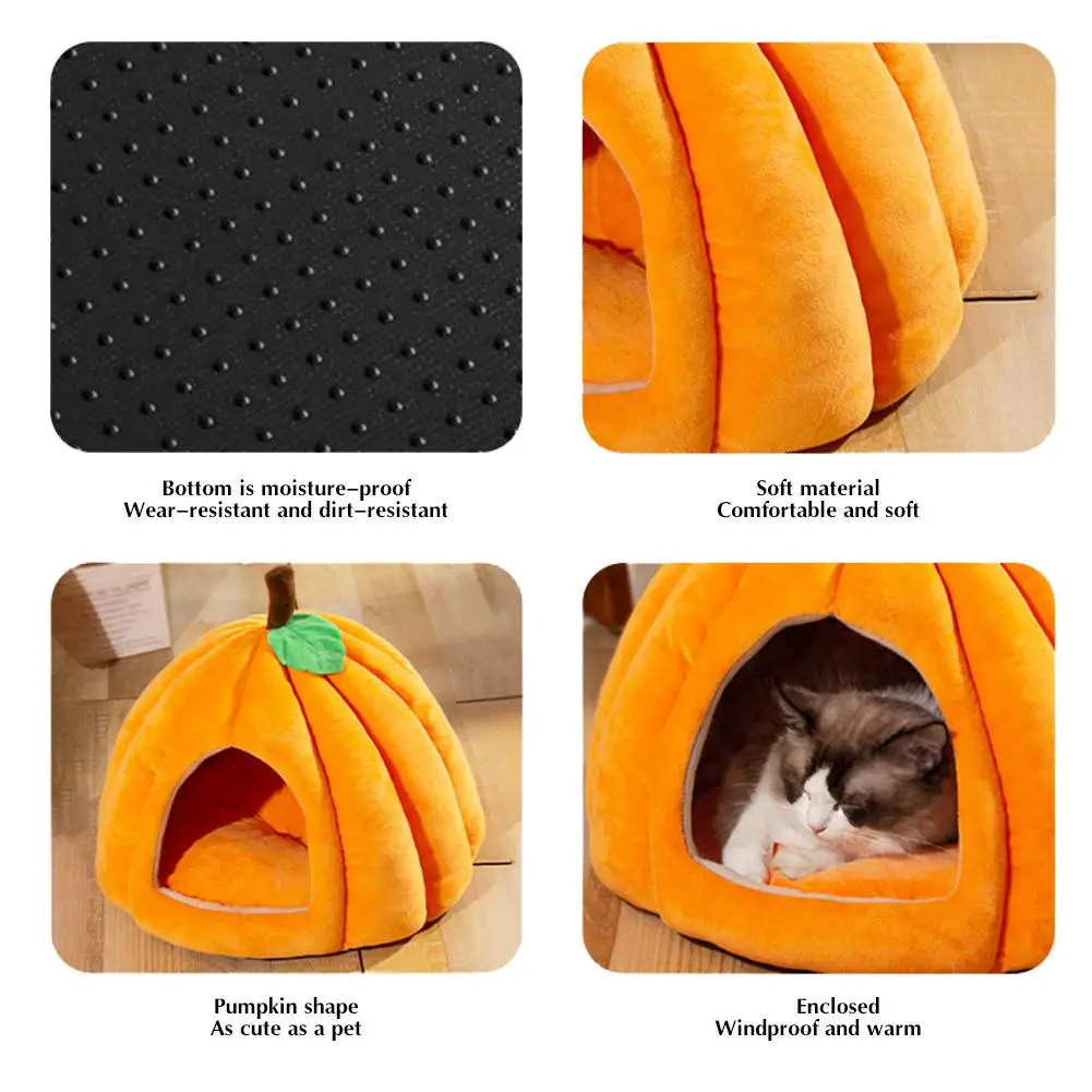 3D Pumpkin Pet House Semi-enclosed Removable Bottom Non-slip Soft PP Cotton Warm Cat Villa Autumn And Winter Small Dog Kennel