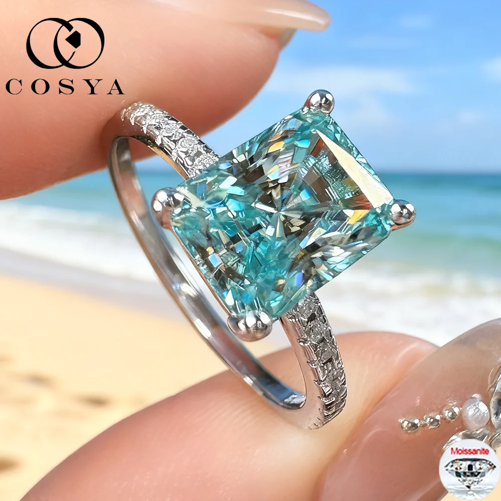 

COSYA 1CT/2CT кольцо с синим муассанитом сияющей огранки для женщин, 100% серебро S925, сверкающее лабораторное кольцо с бриллиантами, вечерние ювелирные изделия, подарок