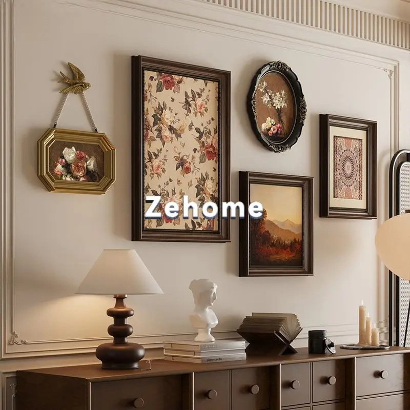 American retro flower living room decorative painting French high-end combination mural Chinese antique sofa background wall