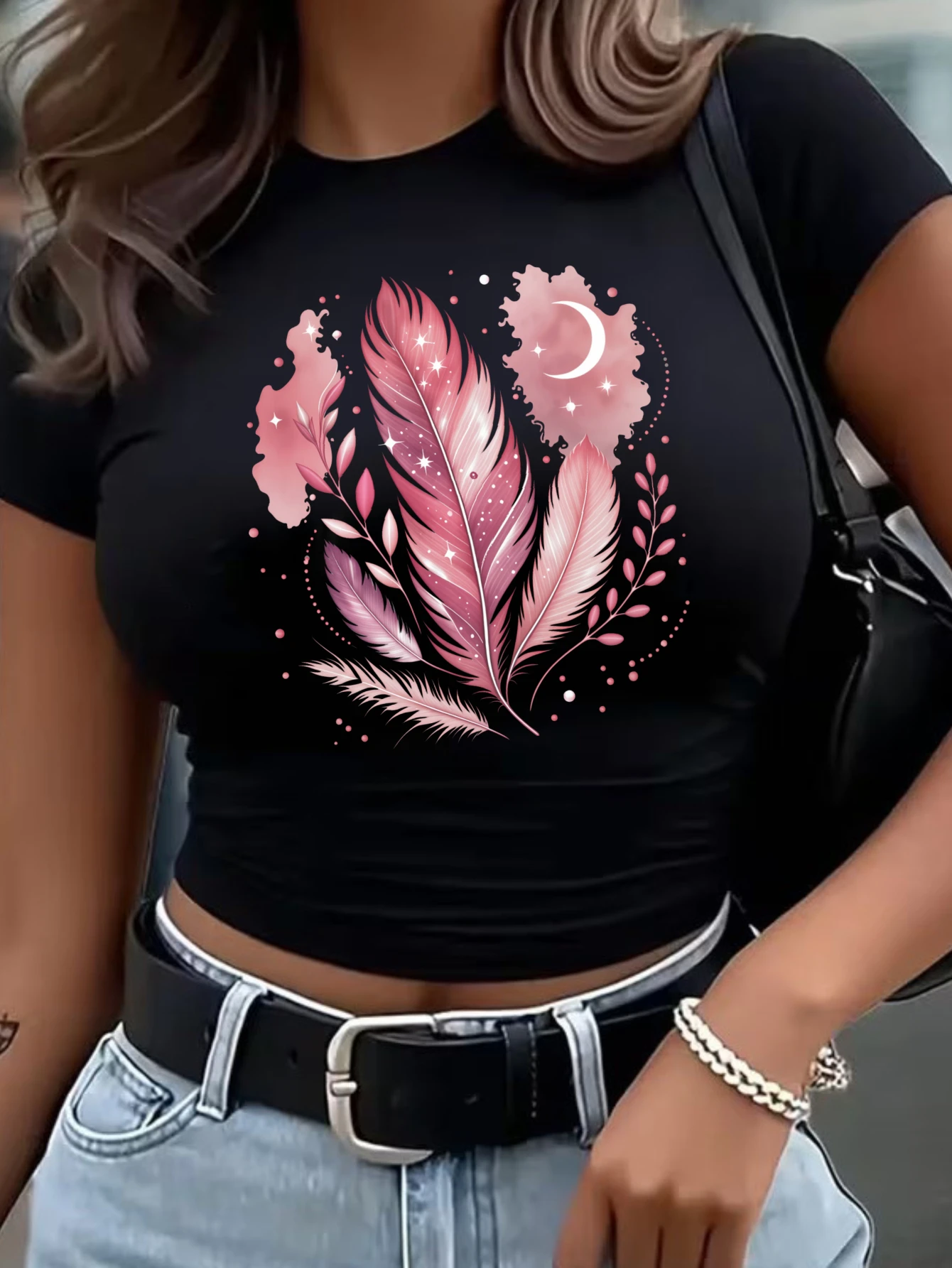 Casual Boho Style, Women's T-Shirt, Pink Feather Moon Star Print, Summer Daily Wear, Gift For Girlfriend