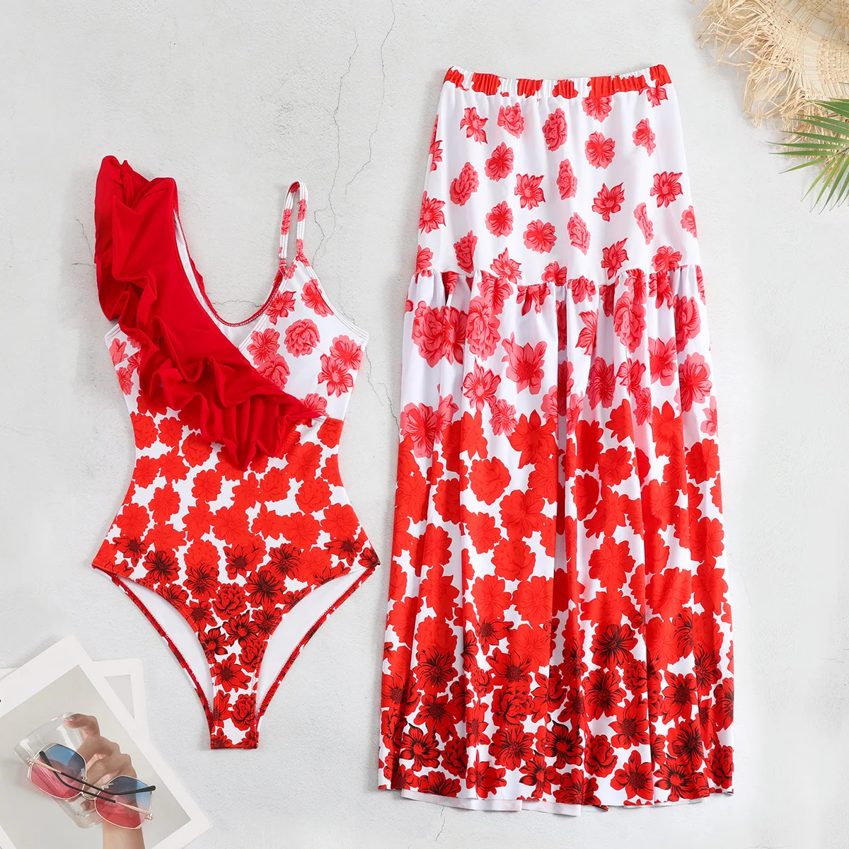 CPUTAN 3D Flower One Shoulder Bikini Swimwear Skirt Women 2024 Sexy Vintage Red Swimsuit Beach Skirt Summer Bathing Suit Dress