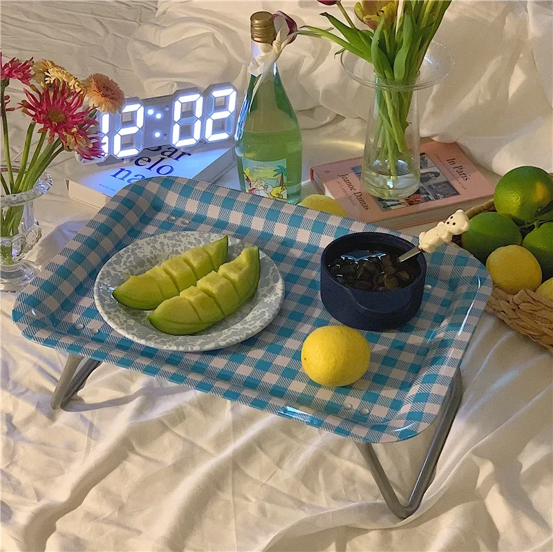 Homemade Ins With The Same Storage Box Rack French Retro Blue And White Grid Dining Table Square Tray Bed Lazy Table