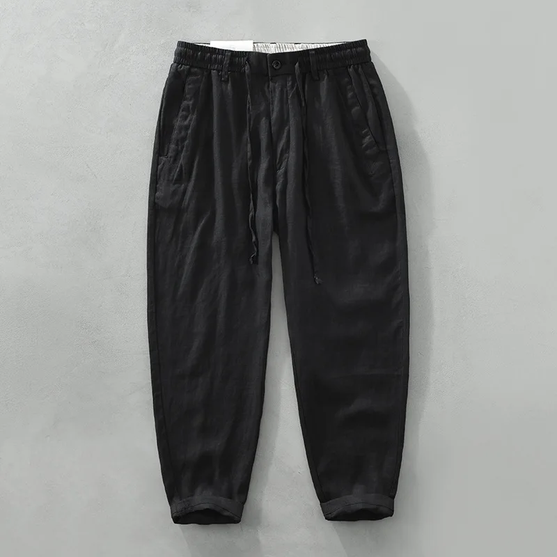 Men's Chinese Style 100% Linen Pants - Year-Round Japanese-Inspired Retro Loose Straight-Leg Casual Cropped Trousers Summer