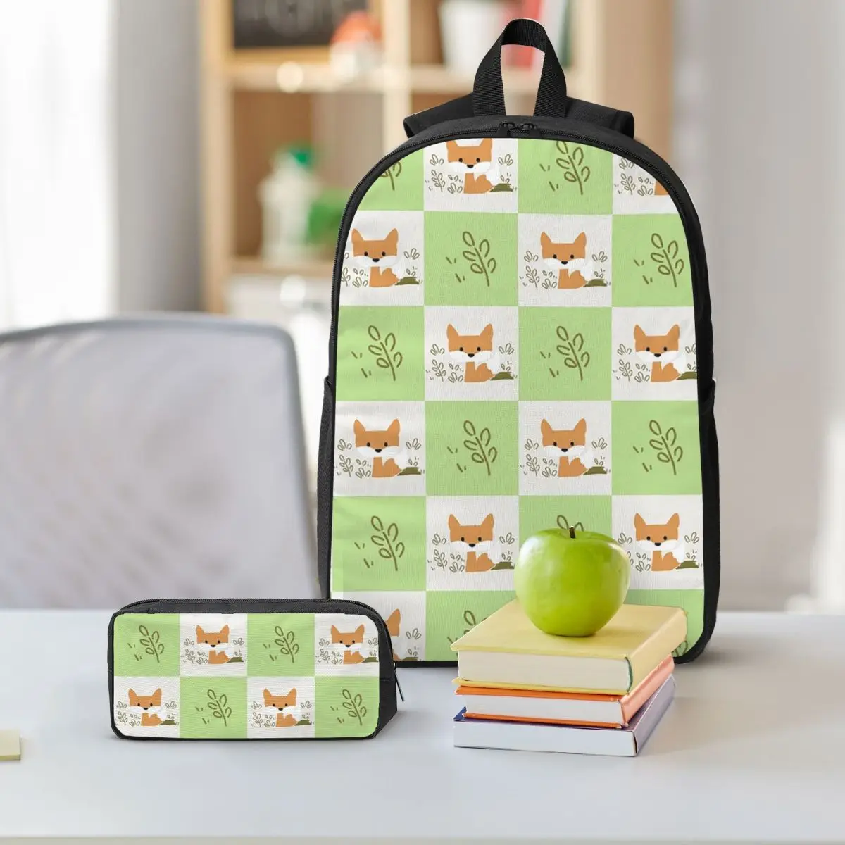 Cute Fox With Green Plant Pattern Backpack Boys Girls BookBag School Bag Shoulder Bags 3ps Insulated Lunch Bag Pencil Case