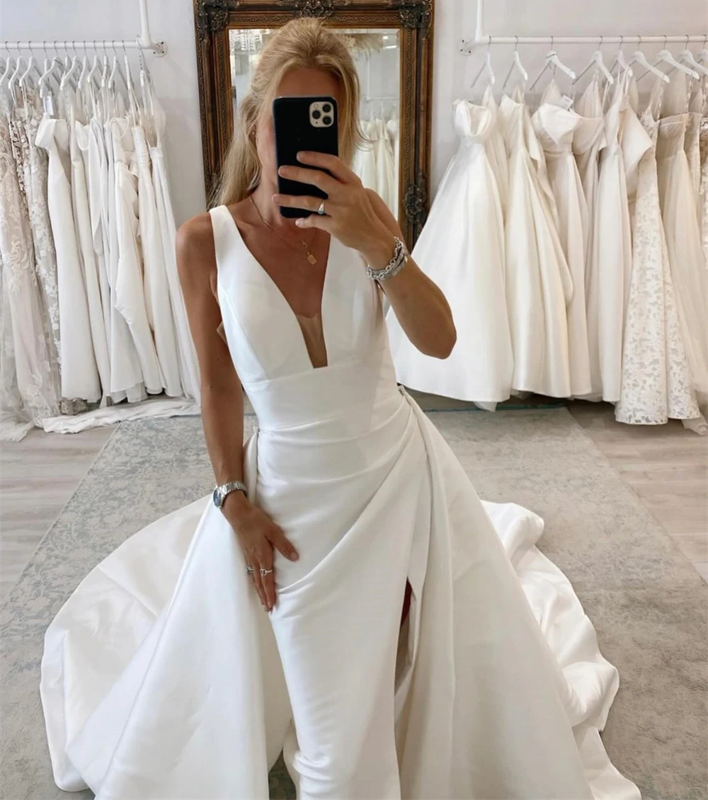 ROYCE Classic Deep V Neck Pleat Simple Sleeveless A Line Wedding Dress High Slit Floor Length Sweep Train Bride Of Woman Gown