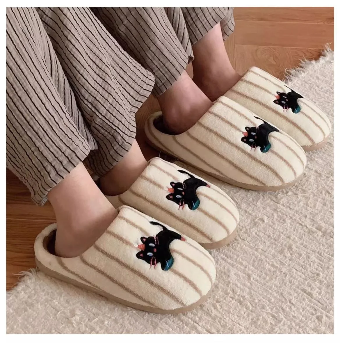 Newest couple cat warm slippers for women concise home slides shoes wife husband indoor fuzzy slipper unisex bedroom shoe 44 45