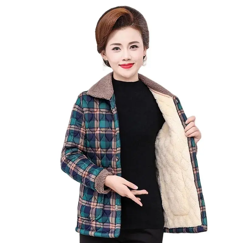 

Plaid Printed Jacket 2023 Autumn And Winter New Cotton-Padded Jacket For Middle-Aged And Elderly Mothers Plus Velvet Jacket