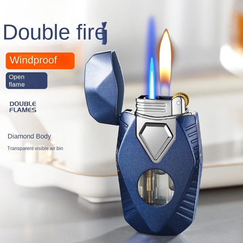 2023 NEW Portable Metal Grinding Wheel Torch Lighters Double Flames Windproof Cigarette Lighter Mini Butane Gas Lighter Gift