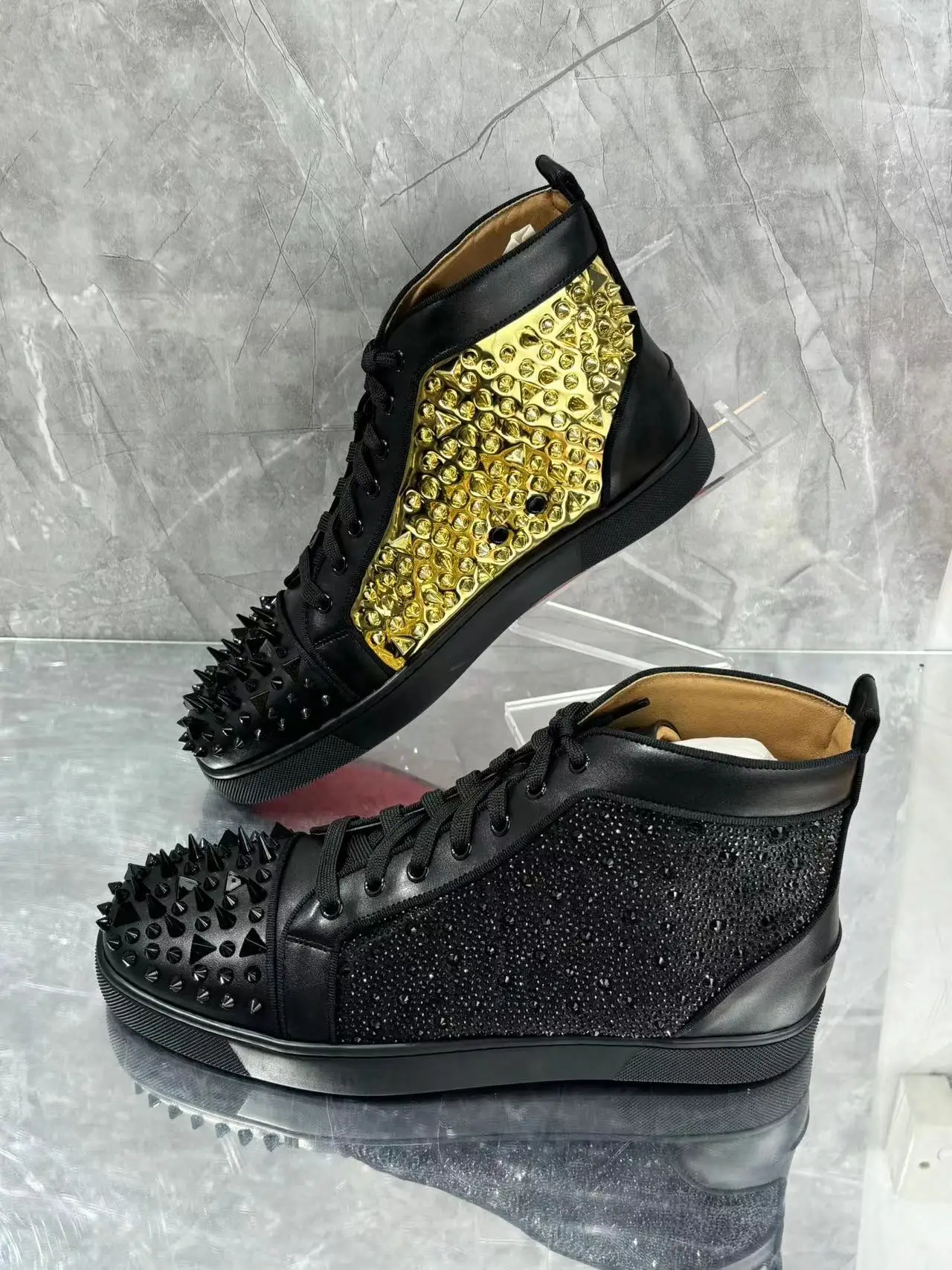 Fashion Mixed Color Black Gold Men Rivet Crystal Short Ankle Boots Lace Up Round Toe Men\'s Party Wedding High-Top Boots Shoes