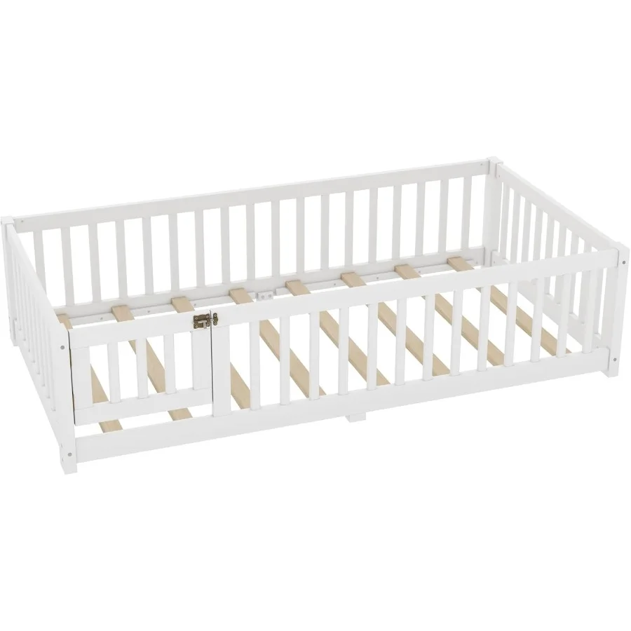 سرير مزدوج الحجم مع باب وسياج لبيئة تعلم مونتيسوري إطار سرير مزدوج من الخشب الصلب مع شرائح وغوا الآمن