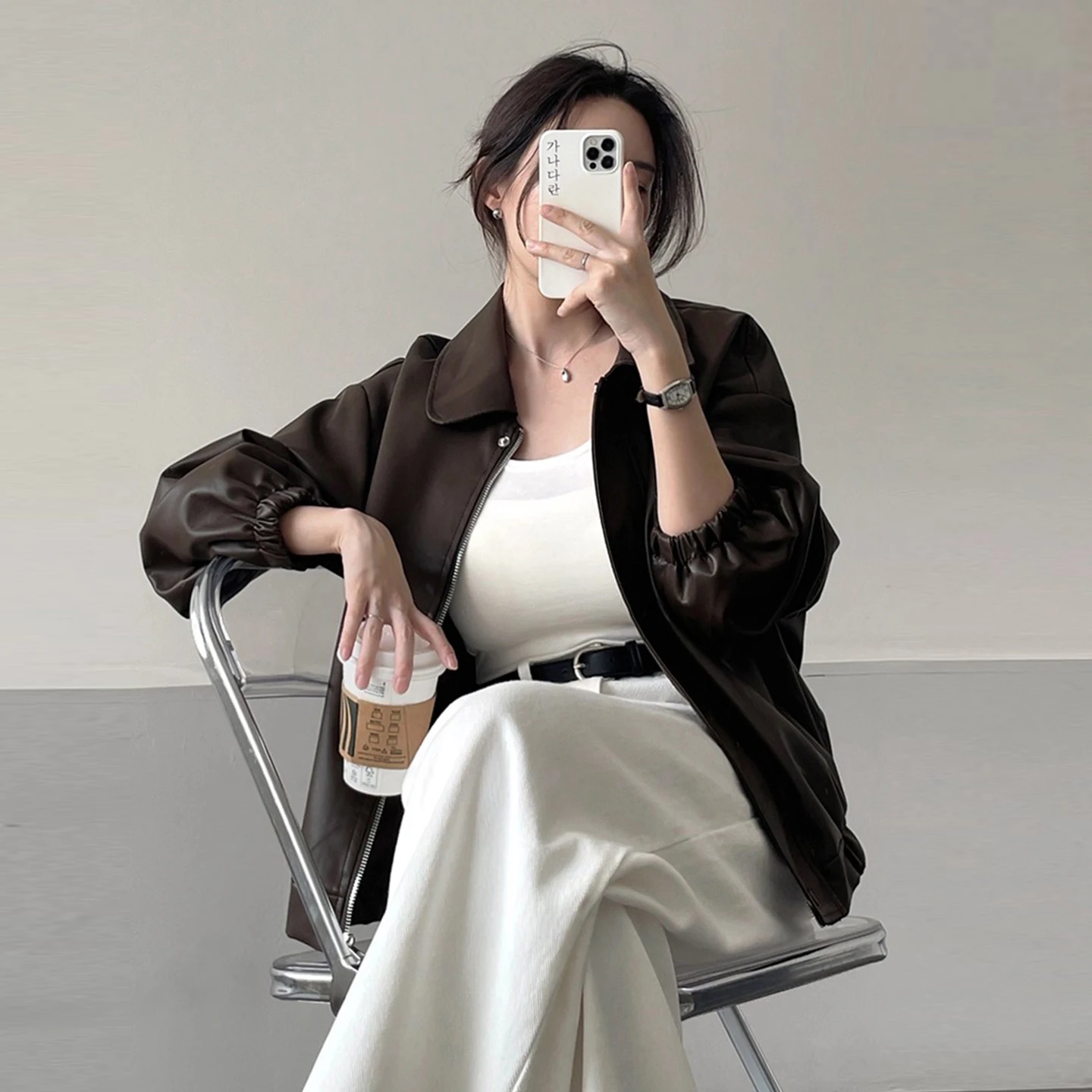 Ropa Retro de gama alta de cuero PU con cremallera para motocicleta, abrigo superior holgado para mujer, novedad de otoño