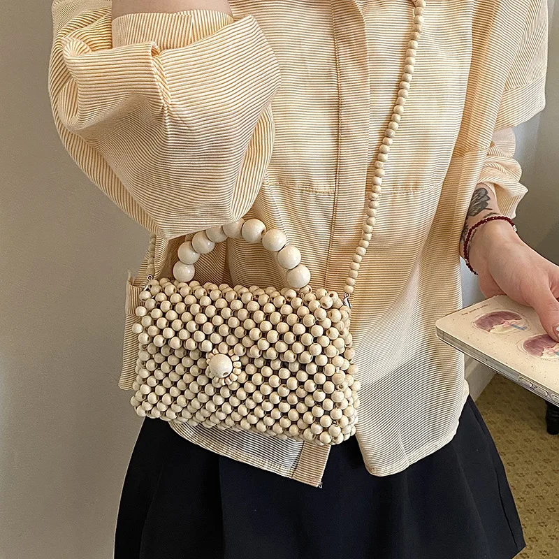 Handmade Beading Women Handbags Hollow Woven Shoulder Bag Small Knitting Evening Bags for Women Party Wedding Clutch Flap Purses