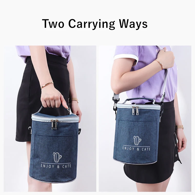 Round Thermal Lunch Bags for Women Portable Zipper Insulation Food Pouch Large Capacity Picnic Tote Bag with Shoulder Strap