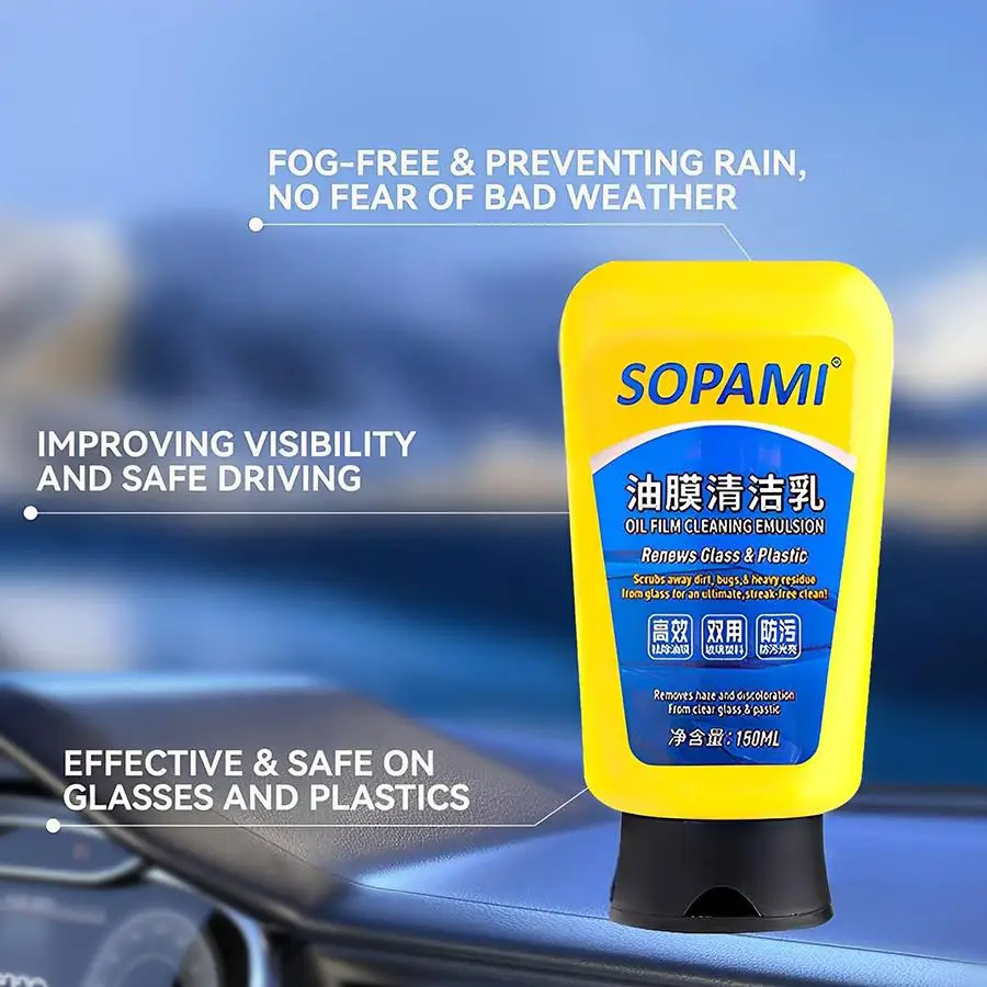 150ml Car Glass Oil Film Remover Emulsion With Sponge, Windshield Window Rearview Mirror Stain Cleaner, Anti-fog Anti-rain Glass view 4