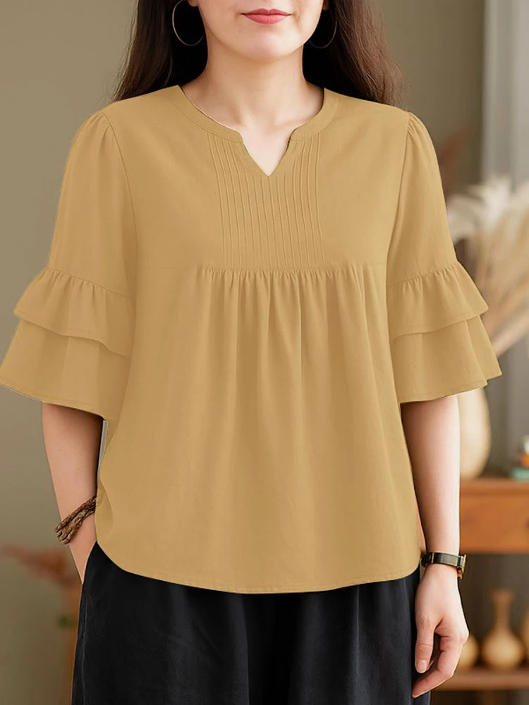 بلوزة نسائية أنيقة OL للعمل 2025 ZANZEA قميص صيفي أنيق للسيدات برقبة على شكل V 3/4 كم Blusas Mujer بلوزات فضفاضة غير رسمية #1