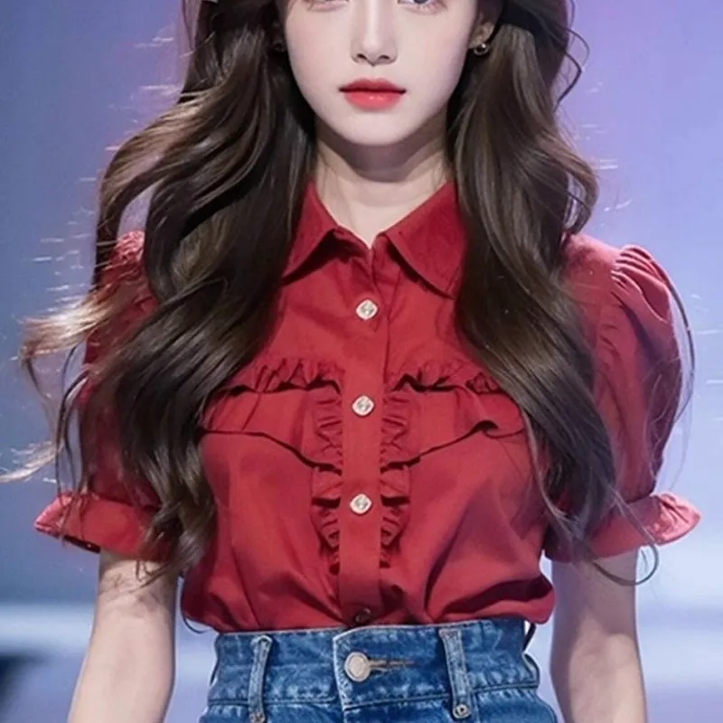 

Runway Summer Turn-Down Collar Casual Loose Women's Wear Short Sleeve Ruffles Patchwork Single Breasted Office Lady Shirt