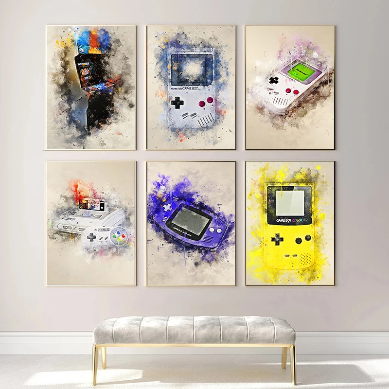 Modern Retro Watercolor Gaming Canvas Paintings Console Gameboy Posters Prints Wall Art Picture for Living Room Decor Cuadros