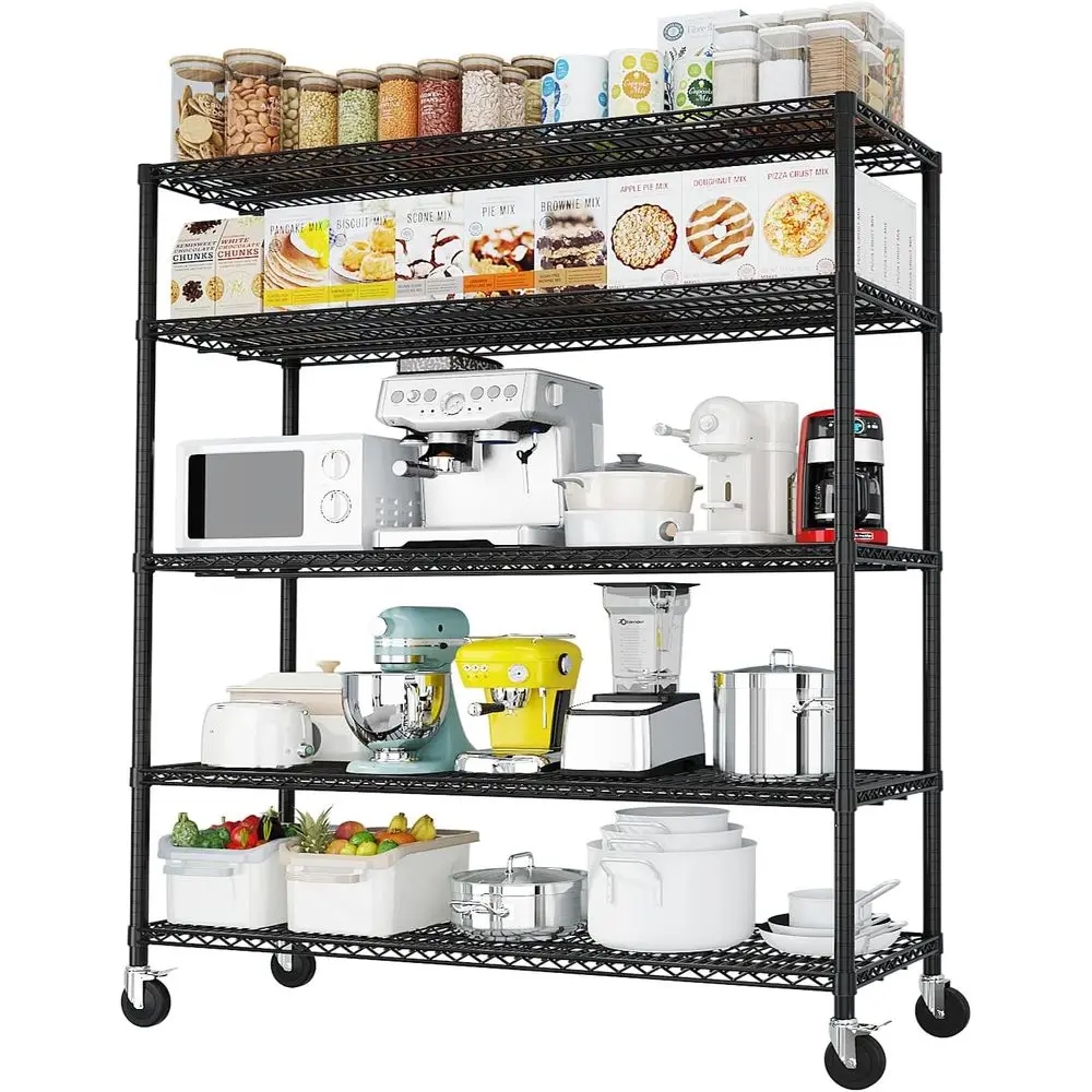 

5-уровневые сверхпрочные проволочные полки с колесами, идеально подходят для гаража, кухни и офиса, 55 x 24 x 76 В, черный