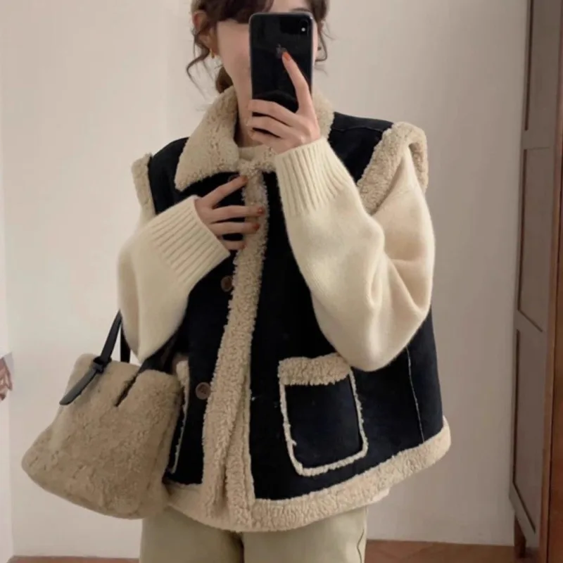 

Women's Korean Velvet Suede Sleeveless Vest with Sheepskin Fur Thickened Lapel Collar Outerwear for Fall Winter Casual Wear