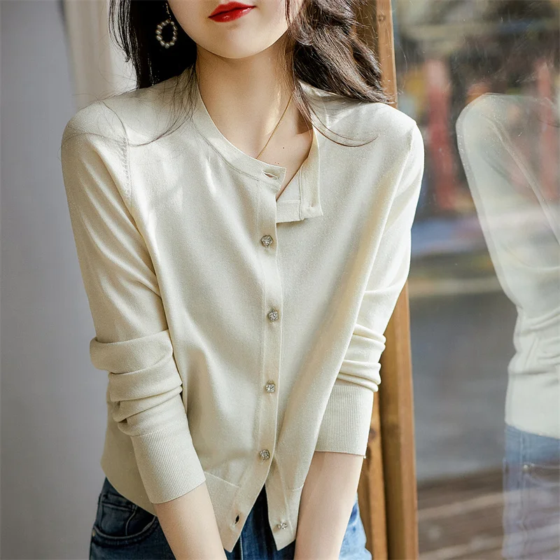 

bright Fashionable silk cashmere knit cardigan women spring and autumn thin sweater coat loose age-reducing leisure jacket