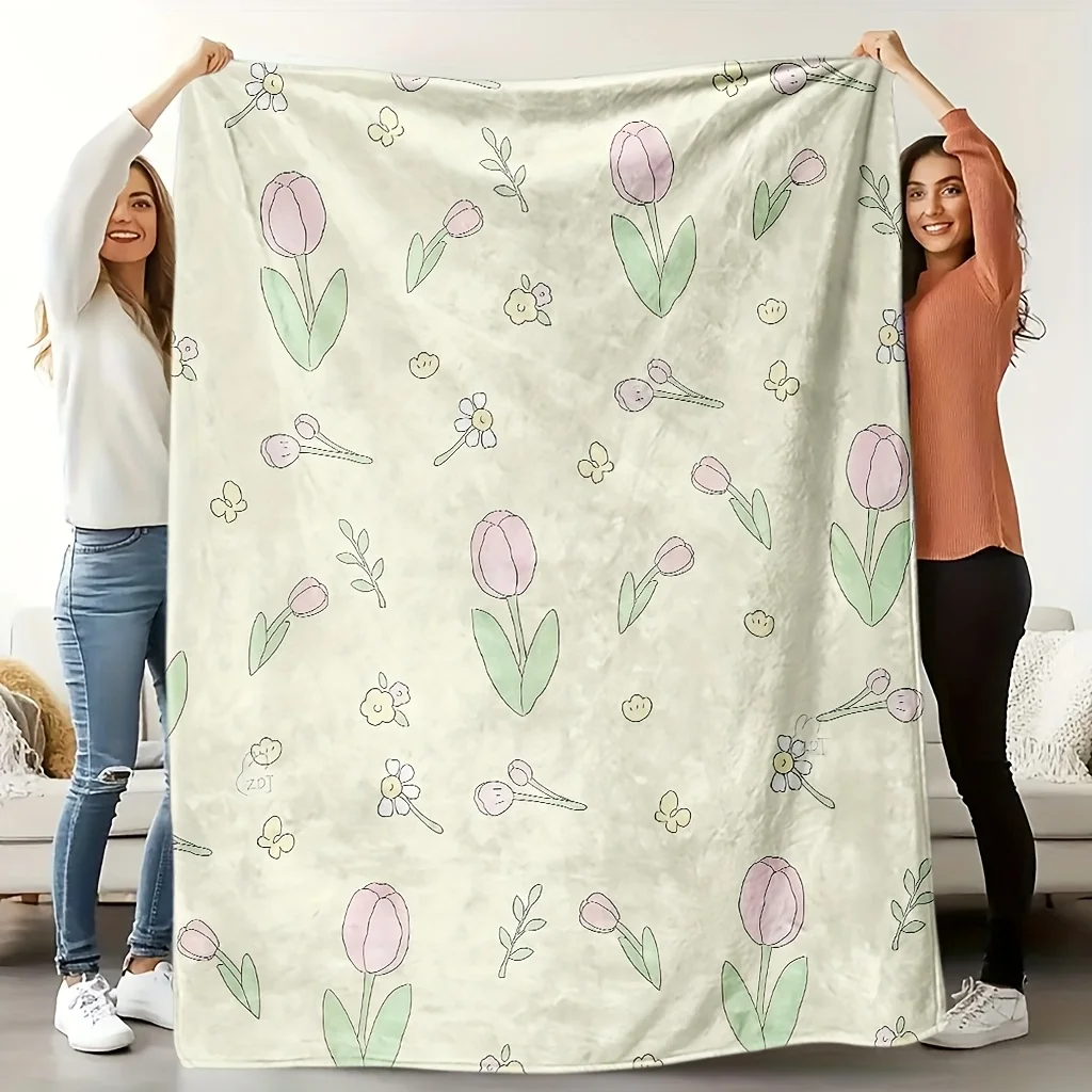 1pc Floral Blanket - Soft Pastel Floral Print Pink Tulips, Green Leaves, Yellow Flowers - Lightweight All-Season Throw for Cou