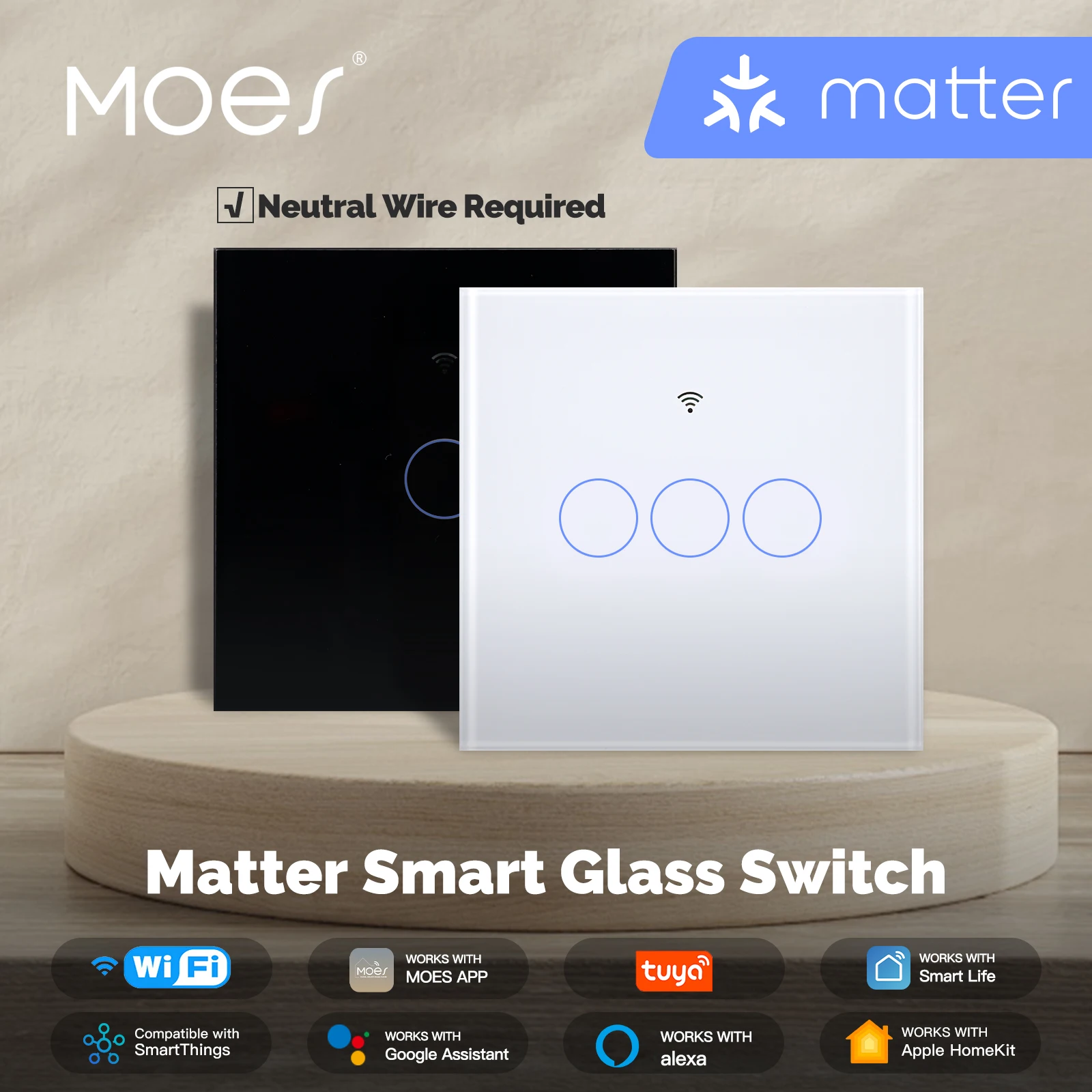 MOES Matter WiFi Smart Touch Wall Switch Glass Panel Neutral Wire Required Work with Alexa Google Home HomeKit