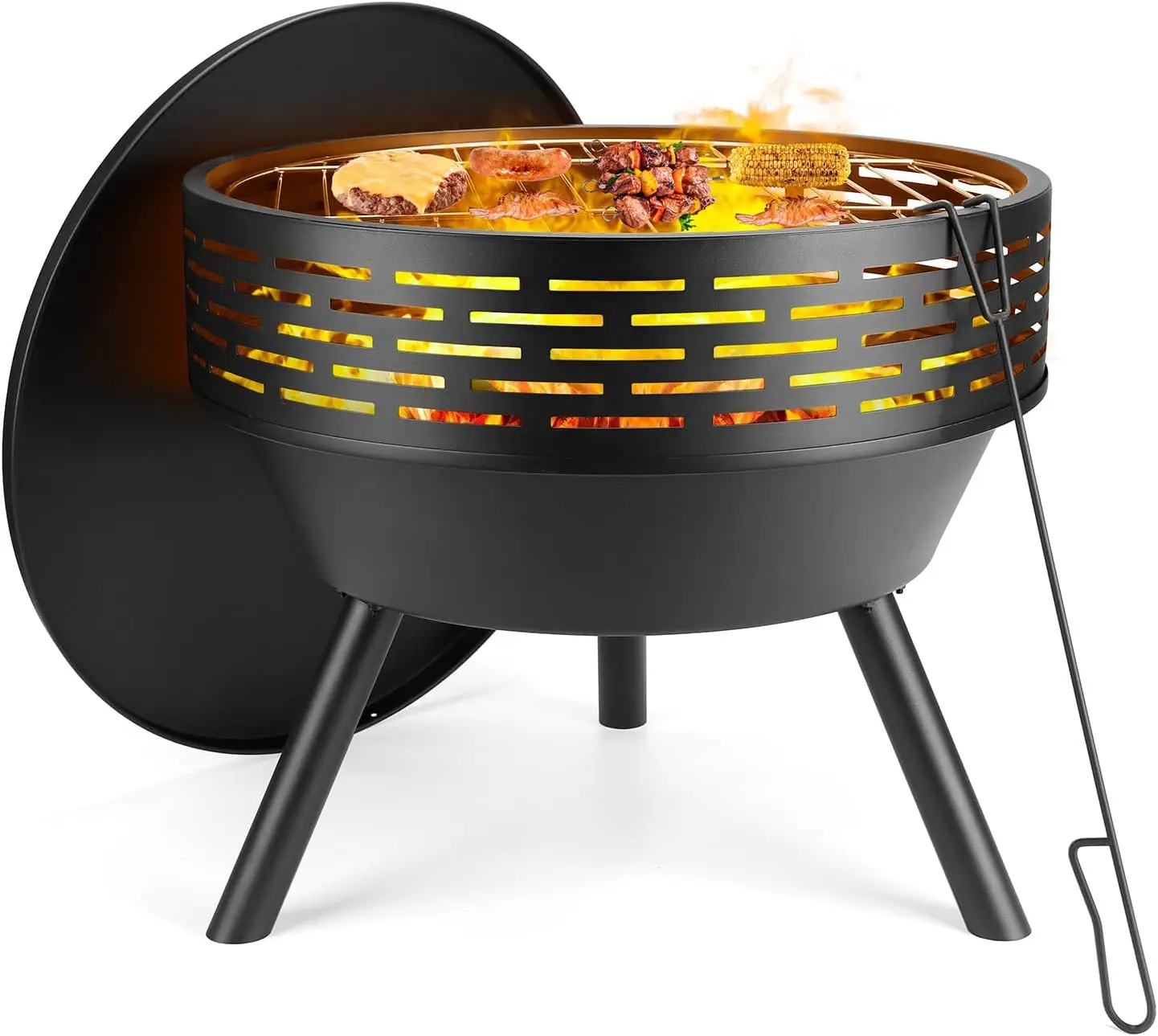 23-Inch Cast Iron Round Fire Pit with Grill for BBQ, Bonfire, Patio, and Picnic - 3-in-1 with Lid and Poker