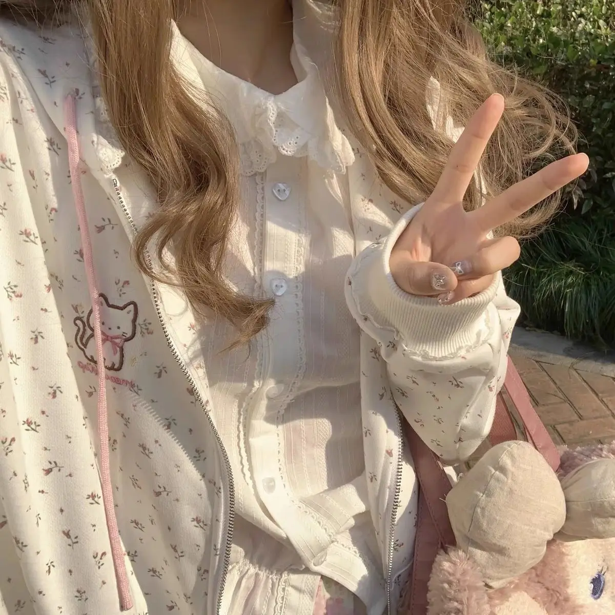 

Thin Cat Floral Aesthetic Long Sleeved Zipper Hoodie Japanese Spring New Cute Core Cardigan Loose Coat Y2k Top Women Sweatshirt