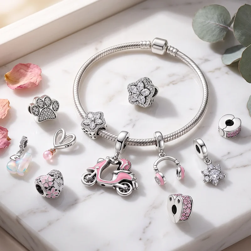 Hot-Selling DIY Motorcycle Earphones Flower Pink Series Charms Bead Pendant Clips Fit Original European Snake Bone Jewelry Gift