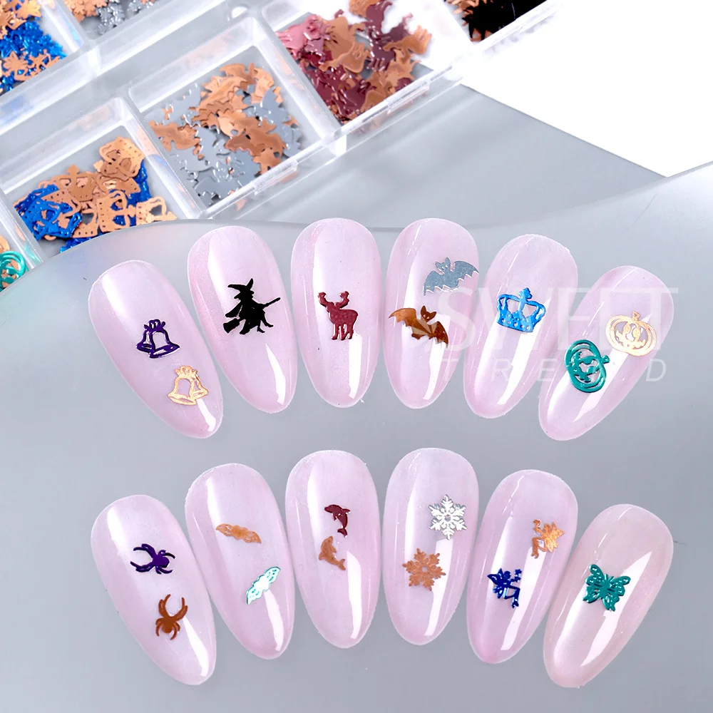 SWEET TREND-12 Grid Mix Halloween Pumpkin Nail Charms Hollow-Out Christmas Snowflakes Nail Art Decoration Manicure Accessories