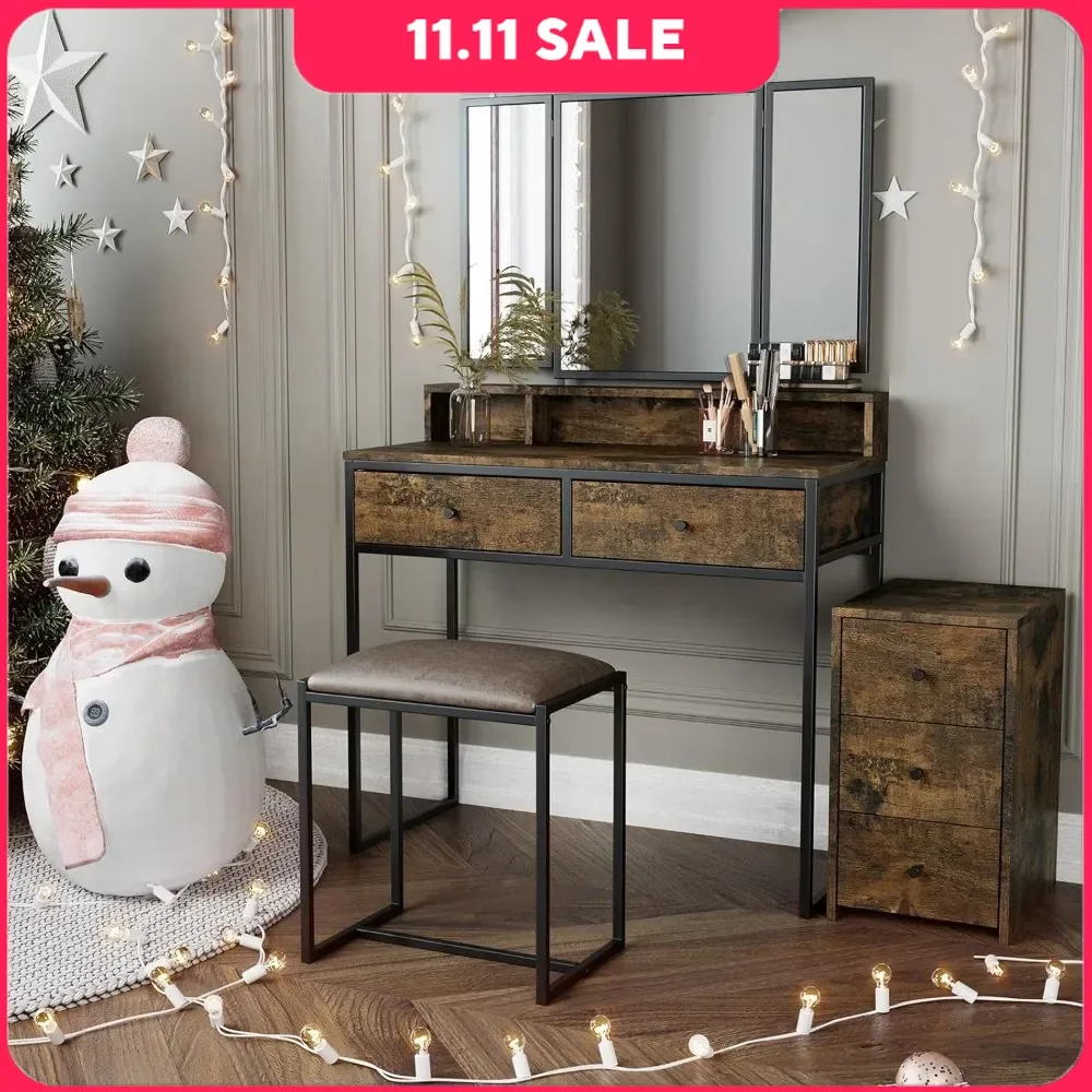 

Vanity with Separated Cabinet and Stool & Tri-Folding Mirror, Industrial Vanity Table Set with 5 Storage Drawers, Dressers