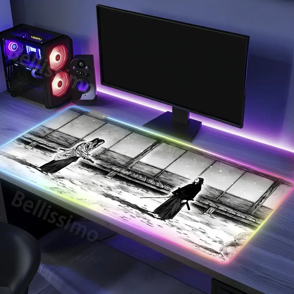 HD Print Office Black & White Mat Rgb Deskmat Anime Pc Gamer Gaming Table LED Keyboard Comic Vagabond Miyamoto Musashi Mouse Pad