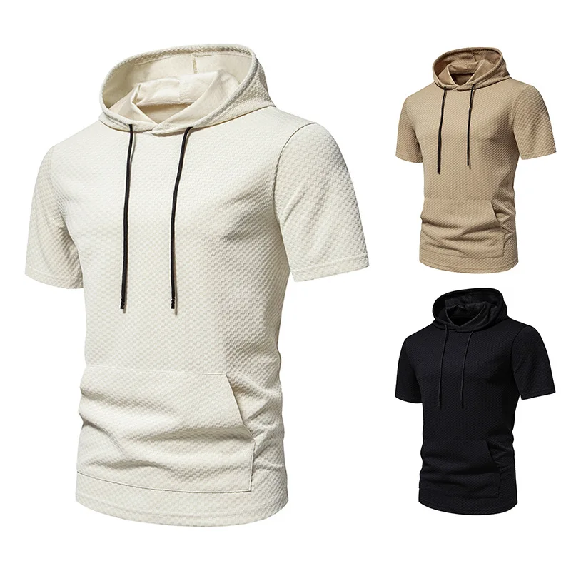 New Men's Hooded Short Sleeve T-Shirt American Niche Sweatshirt Solid Color Short Sleeve T-Shirt Tide Men Clothing