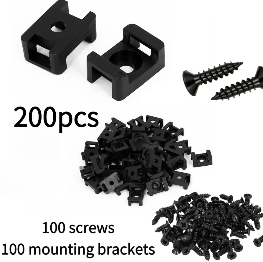 100 Sets Cable Tie Mount Base Kit 100Pcs Mounting Bases +100Pcs Screws Self‑Adhesive Cable Holder For Wall Desk TV PC Home Offic