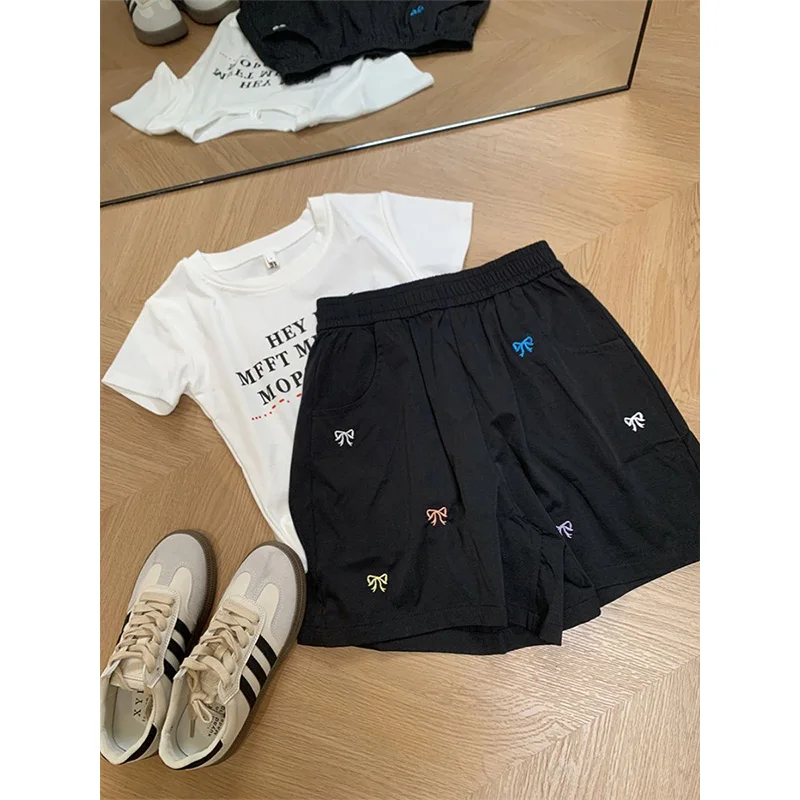 Summer High Quality Chic Bow Embroidery Cotton Shorts Women Loose Casual Elastic Waist Sports Pants